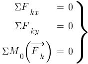 Описание: Описание: Описание: delim{}{matrix{3}{3}{{{Sigma}F_{kx}} {=} {0~} {{Sigma}F_{ky}} {=} {0~} {{Sigma}M_0{(vec{F_k})}} {=} {0~}}}{rbrace}