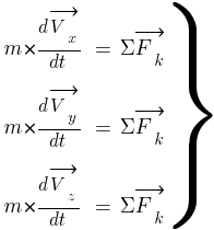 Описание: Описание: Описание: delim{}{matrix{3}{3}{{m*{{d{vec{V_x}}}/{dt}}} {=} {{Sigma}vec{F_k}~} {m*{{d{vec{V_y}}}/{dt}}} {=} {{Sigma}vec{F_k}~} {m*{{d{vec{V_z}}}/{dt}}} {=} {{Sigma}vec{F_k}~}}}{rbrace}